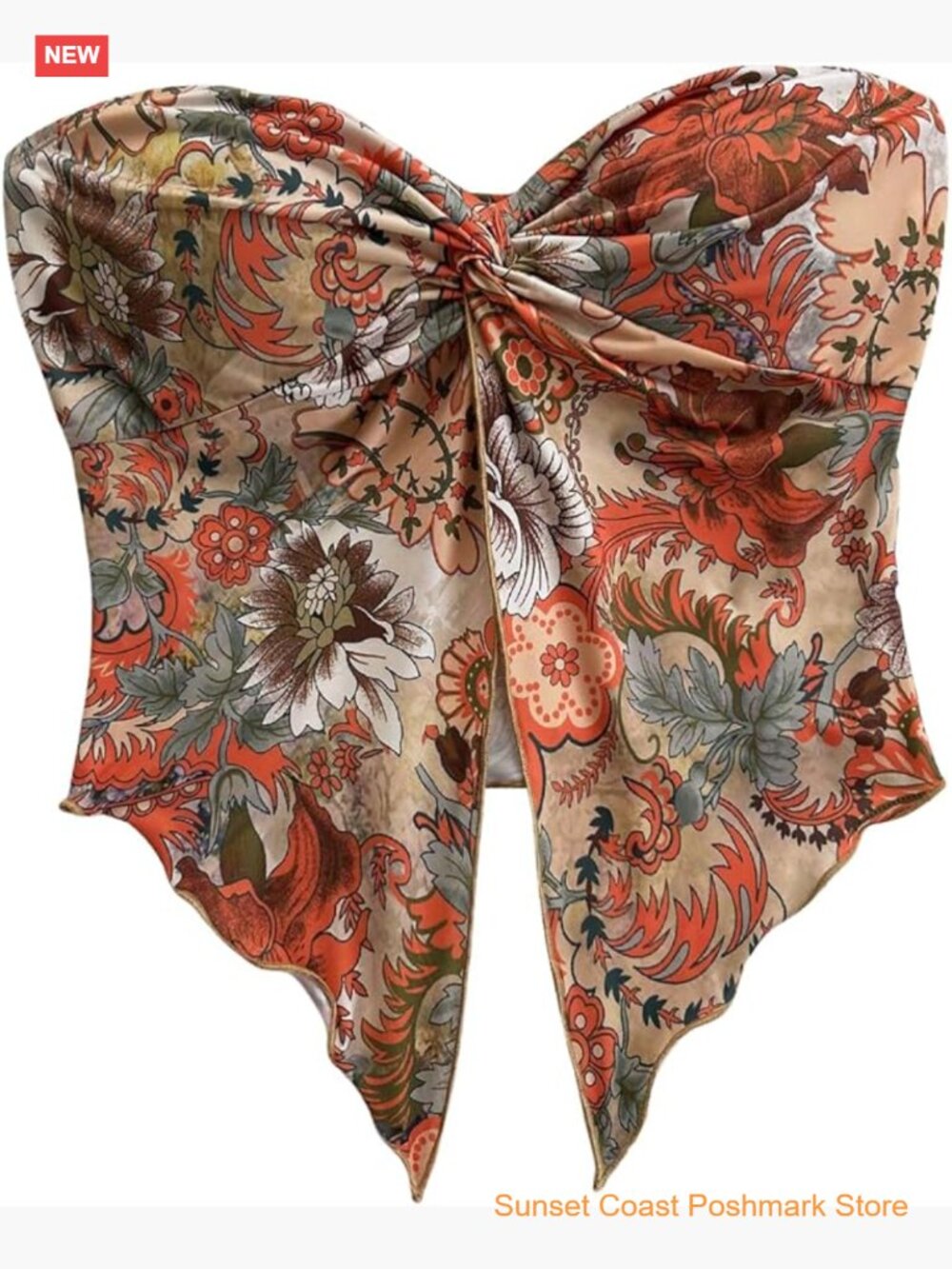 Floral Print Twist Front Strapless Tube Crop Top Asymmetrical Hem Summer